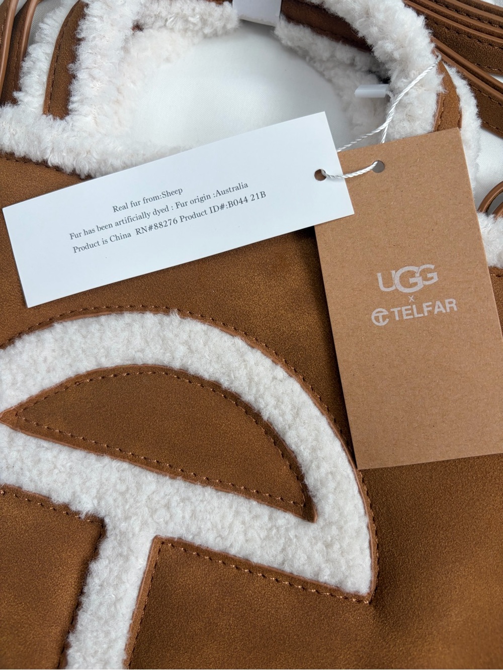 NWT! UGG x Telfar Chestnut Suede Tote with Cream Shearling Trim - Picture 6 of 7